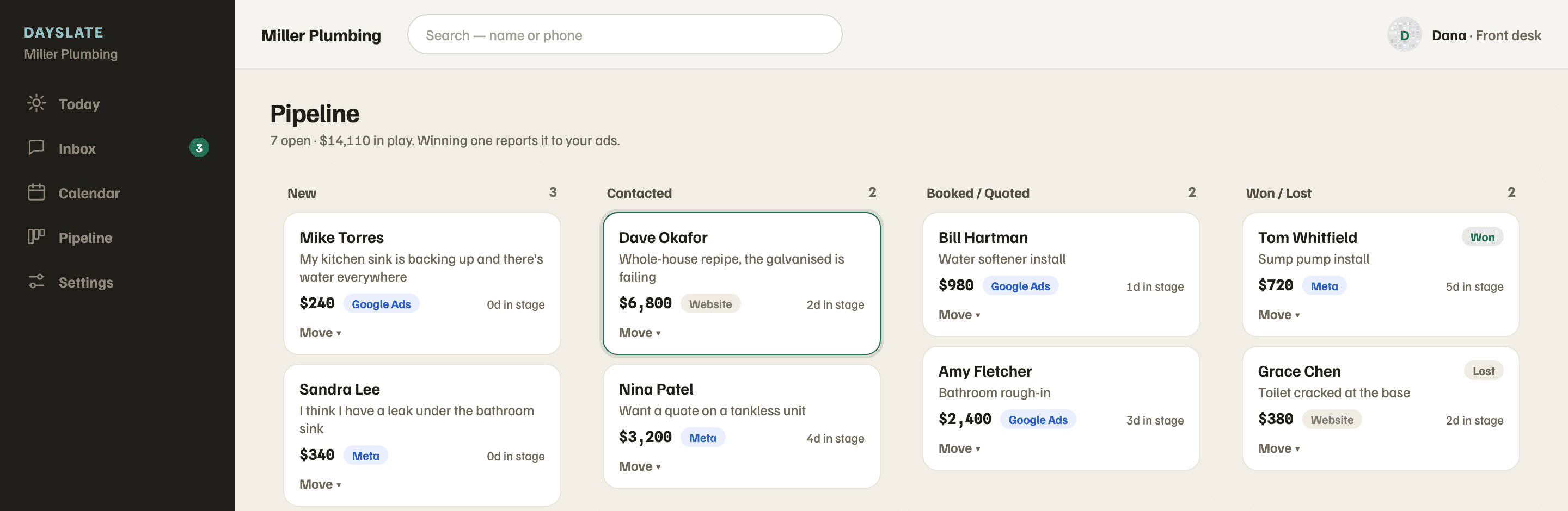 The DaySlate deal board: four columns of job cards, each with a dollar value and a Google Ads, Meta or Website source tag.